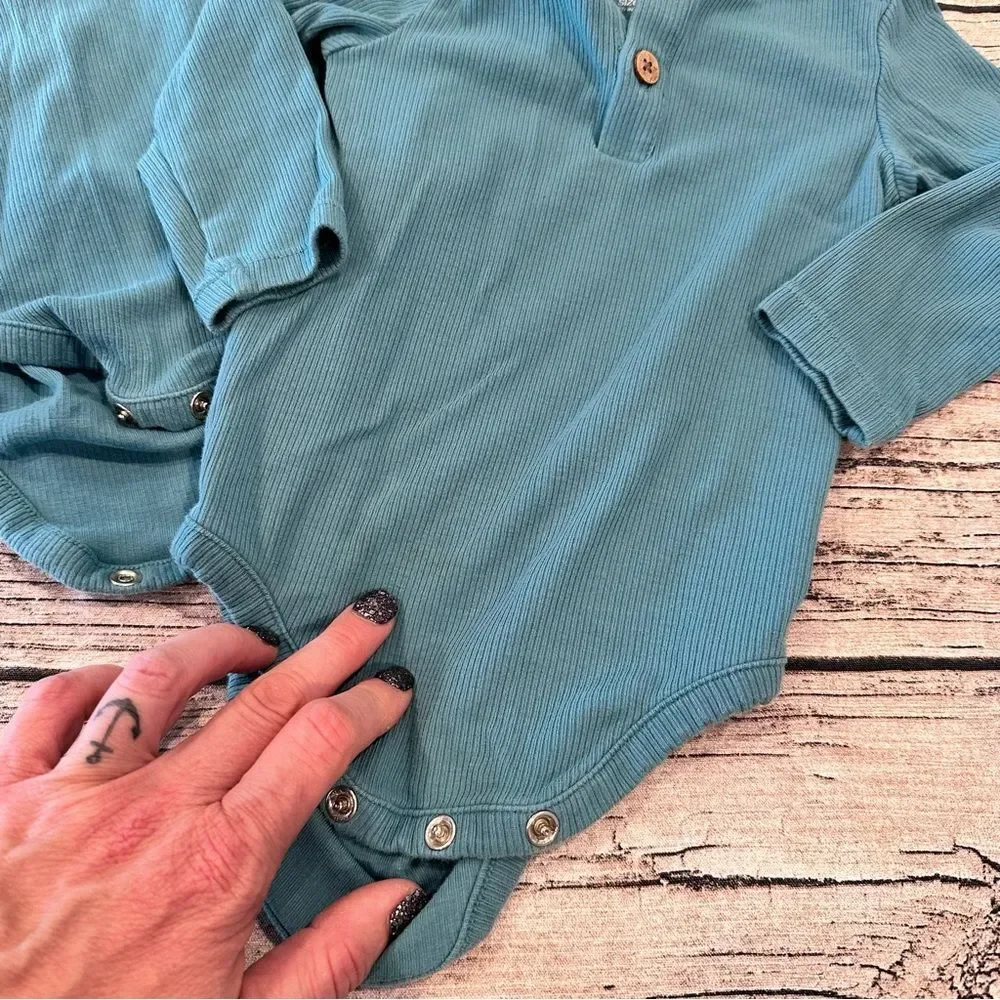 Lot of 2 Ruffle Butts/Rugged Butts Teal Ribbed Onesies; 1 Henley, 1 Ruffled 6-12